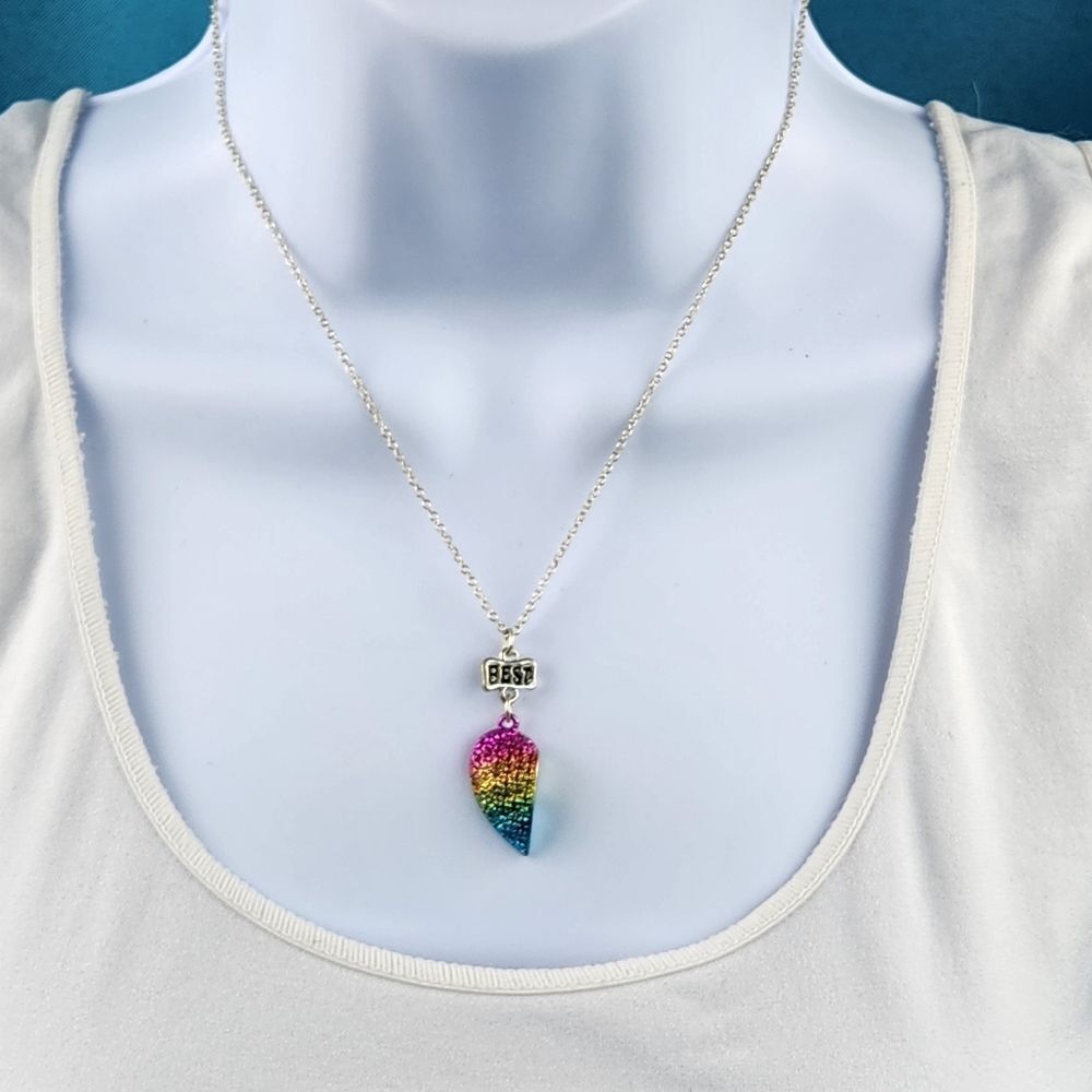 🔸️Justice Rainbow Rhinestone Best Half Heart Necklace
